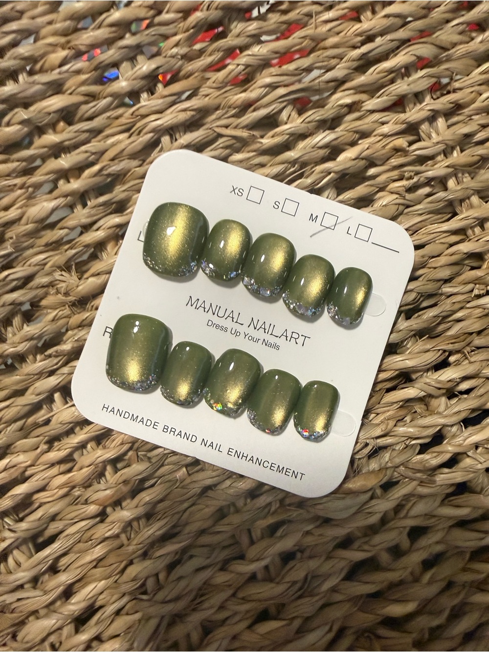Olive Green Cat Eye Press-On Nails with Iridescent Tips